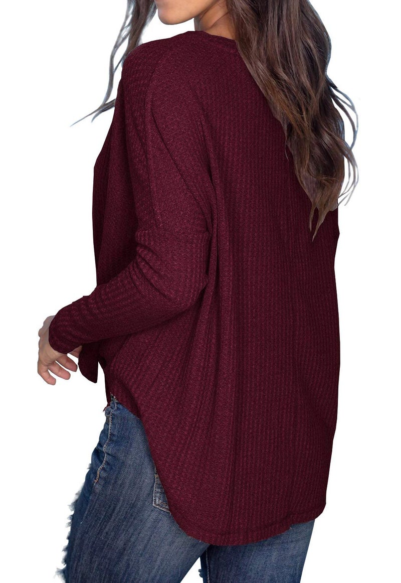 IWOLLENCE Womens Loose Henley Blouse Bat Wing Long Sleeve Button Down T Shirts Tie Front Knot Tops Wine Red, S - Image 4